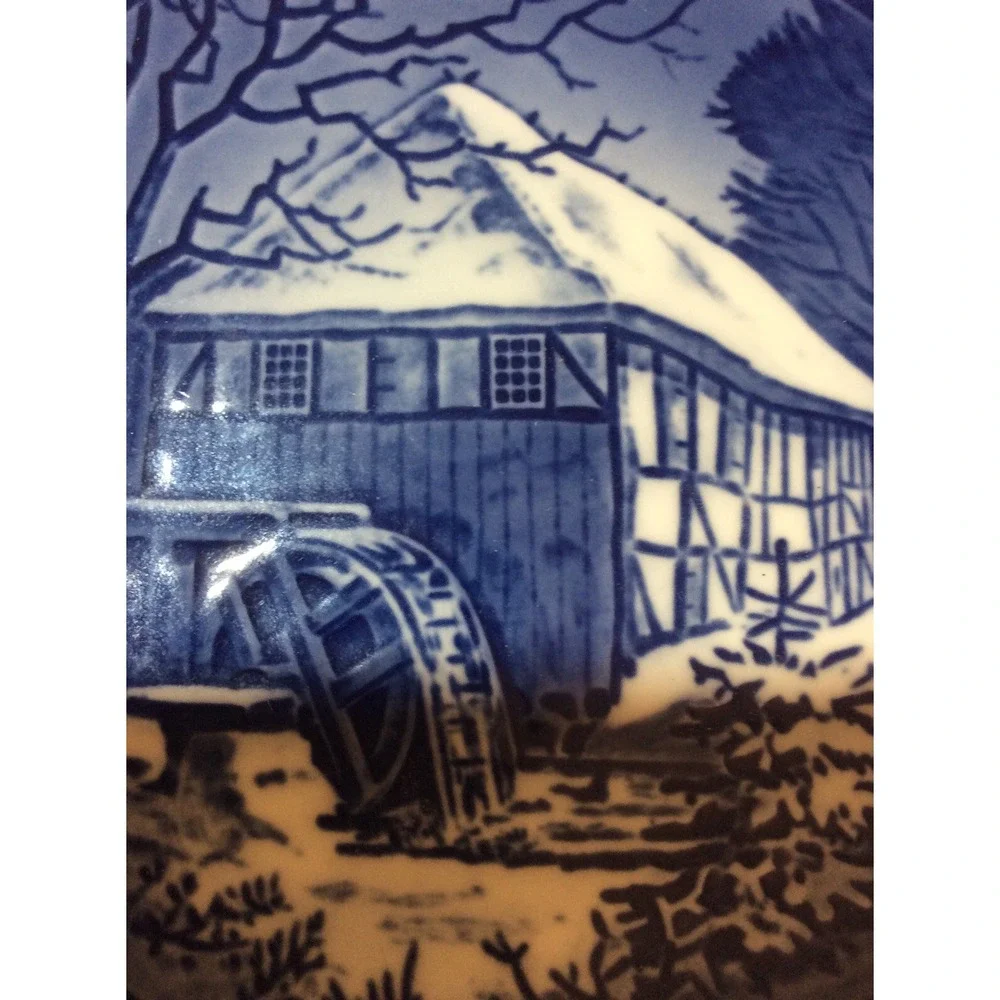 B & G Copenhagen Denmark 1976 Blue White Christmas Collector Plate Water Mill